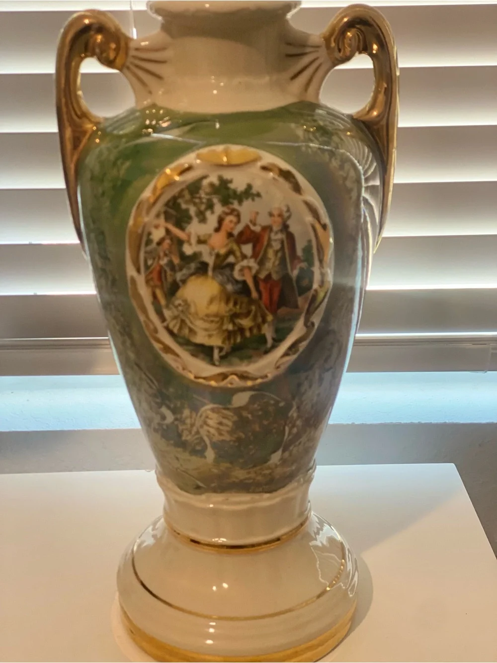 Vintage Green Hand Painted French Porcelain Table Lamp base with Gold Accents